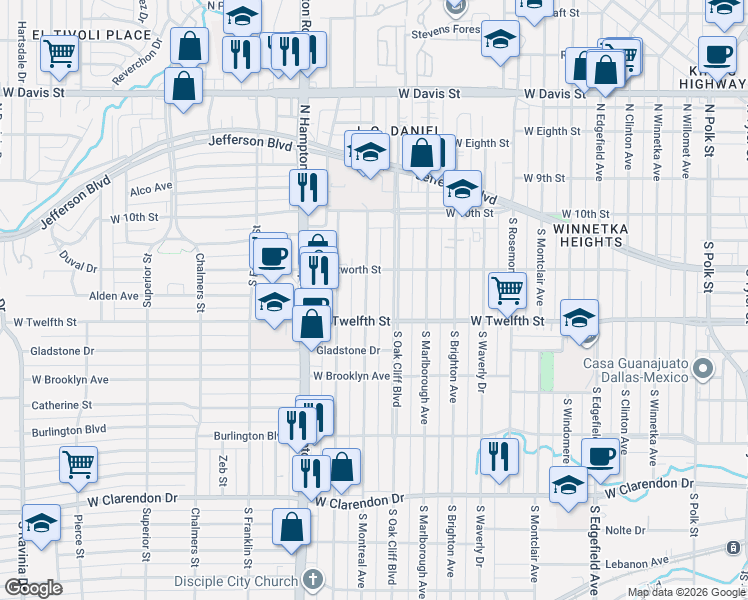 map of restaurants, bars, coffee shops, grocery stores, and more near 407 South Oak Cliff Boulevard in Dallas