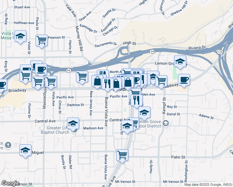 map of restaurants, bars, coffee shops, grocery stores, and more near 7663 Broadway in Lemon Grove
