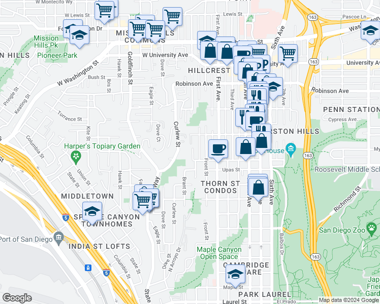 map of restaurants, bars, coffee shops, grocery stores, and more near 3530 Albatross Street in San Diego