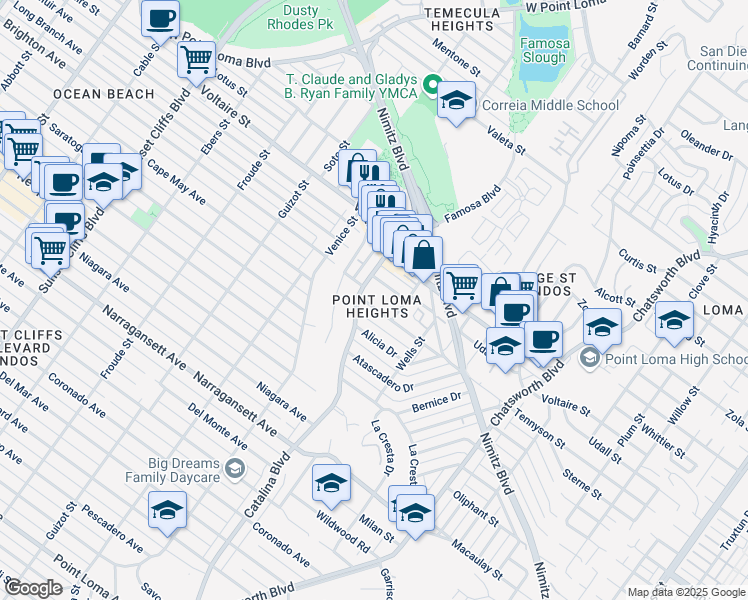 map of restaurants, bars, coffee shops, grocery stores, and more near 4154 Tennyson Street in San Diego