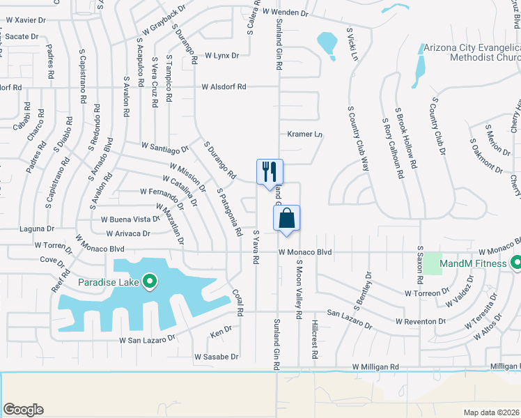 map of restaurants, bars, coffee shops, grocery stores, and more near 15177 South Yava Road in Arizona City