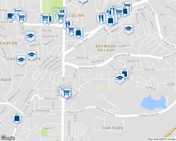 map of restaurants, bars, coffee shops, grocery stores, and more near 3340 Spa Street in San Diego