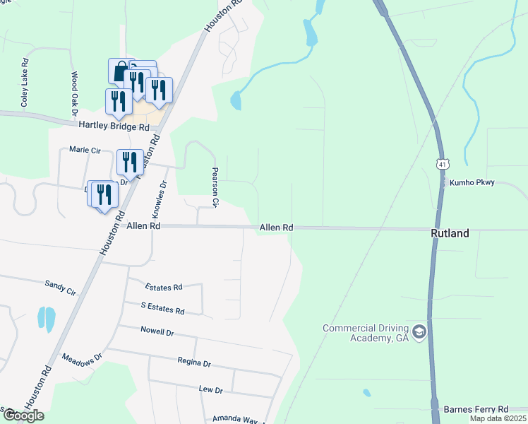 map of restaurants, bars, coffee shops, grocery stores, and more near 2655 Allen Road in Macon