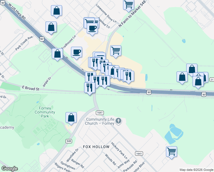 map of restaurants, bars, coffee shops, grocery stores, and more near 825 East US Highway 80 in Forney