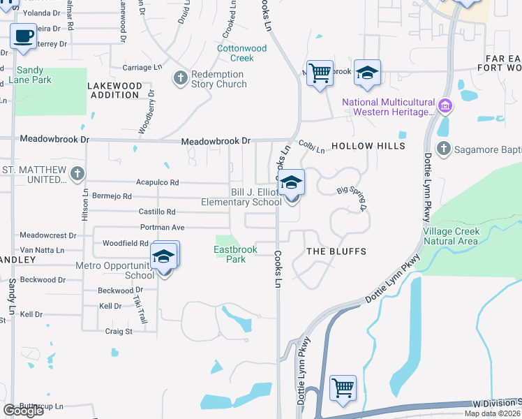 map of restaurants, bars, coffee shops, grocery stores, and more near 2616 Castanada Circle in Fort Worth
