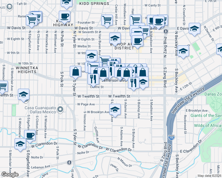 map of restaurants, bars, coffee shops, grocery stores, and more near 600 Centre Street in Dallas
