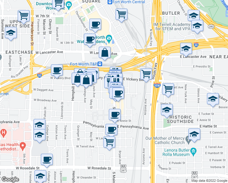 map of restaurants, bars, coffee shops, grocery stores, and more near S Main St & W Daggett Ave in Fort Worth