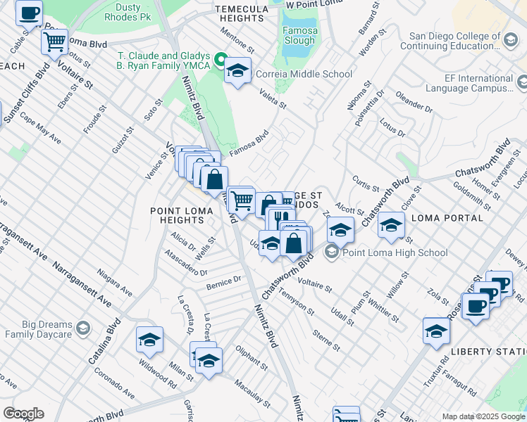 map of restaurants, bars, coffee shops, grocery stores, and more near 3828 Caminito Litoral in San Diego