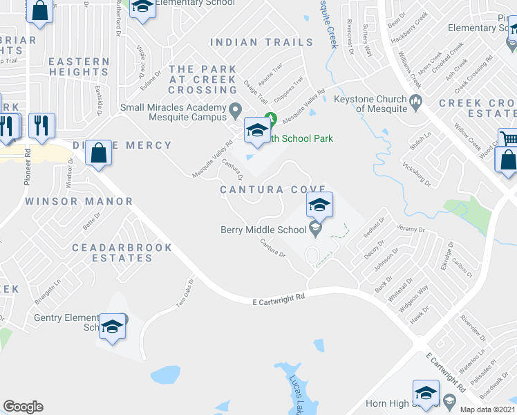 map of restaurants, bars, coffee shops, grocery stores, and more near 2229 Cantura Drive in Mesquite