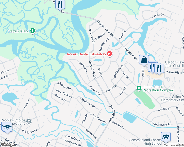 map of restaurants, bars, coffee shops, grocery stores, and more near 783 Dills Bluff Road in Charleston