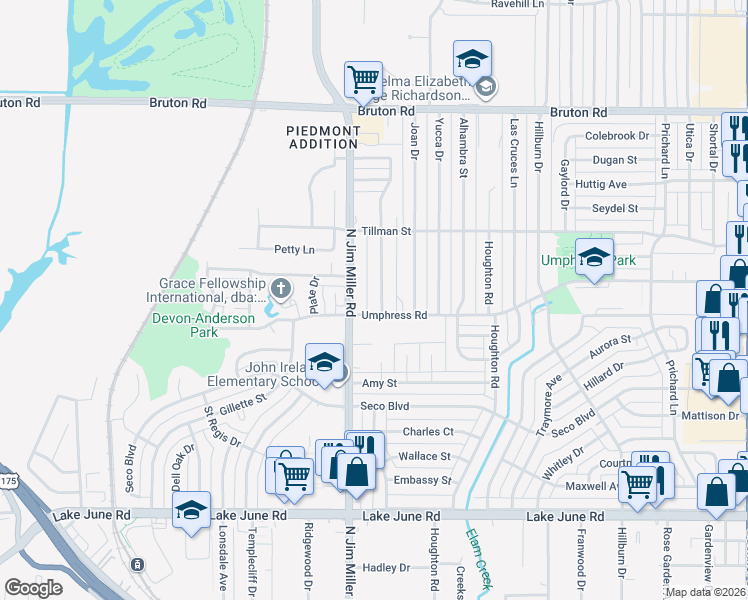 map of restaurants, bars, coffee shops, grocery stores, and more near 1715 Oldfield Drive in Dallas
