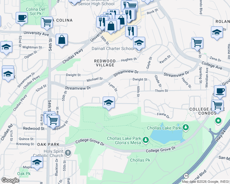 map of restaurants, bars, coffee shops, grocery stores, and more near 5857 Lynn Street in San Diego