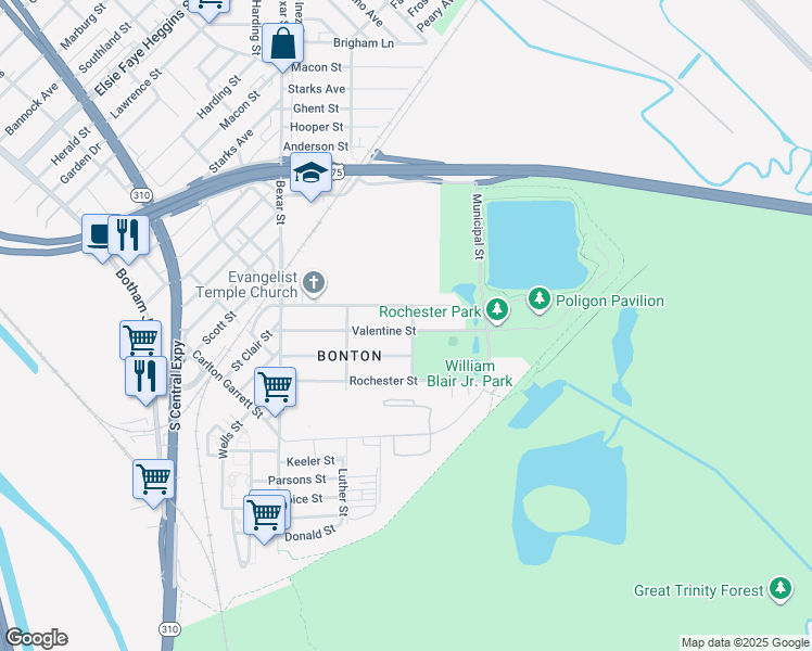 map of restaurants, bars, coffee shops, grocery stores, and more near 2927 Valentine Street in Dallas