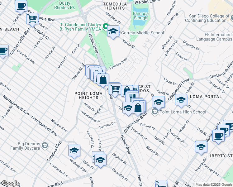 map of restaurants, bars, coffee shops, grocery stores, and more near 3930 Voltaire Street in San Diego