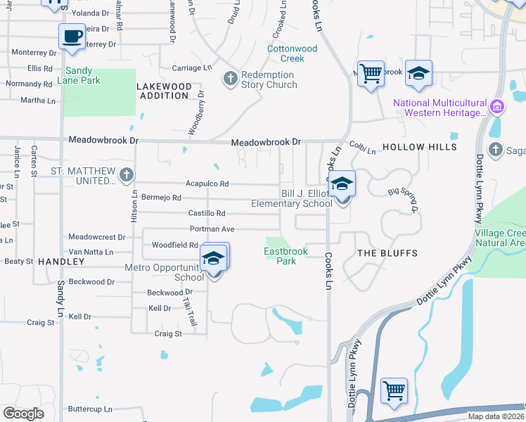 map of restaurants, bars, coffee shops, grocery stores, and more near 7821 Castillo Road in Fort Worth