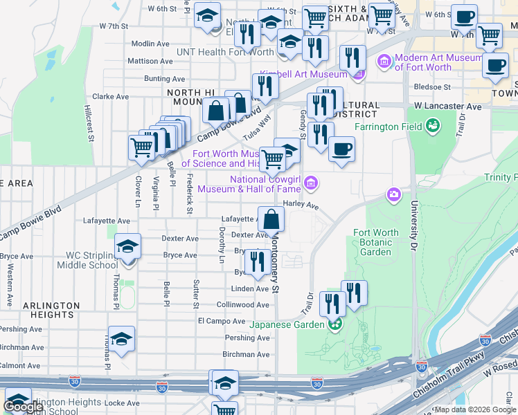 map of restaurants, bars, coffee shops, grocery stores, and more near 3621 Harley Avenue in Fort Worth