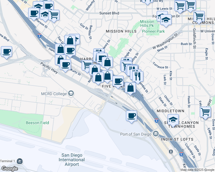 map of restaurants, bars, coffee shops, grocery stores, and more near in San Diego
