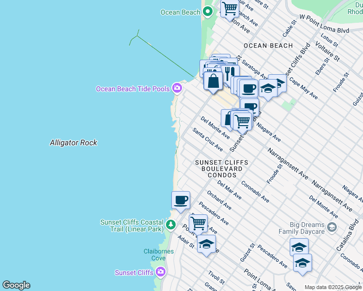 map of restaurants, bars, coffee shops, grocery stores, and more near 1627 Ocean Front Street in San Diego