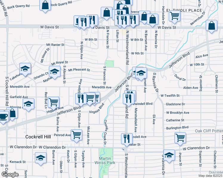 map of restaurants, bars, coffee shops, grocery stores, and more near 3411 W Jefferson Blvd in Dallas