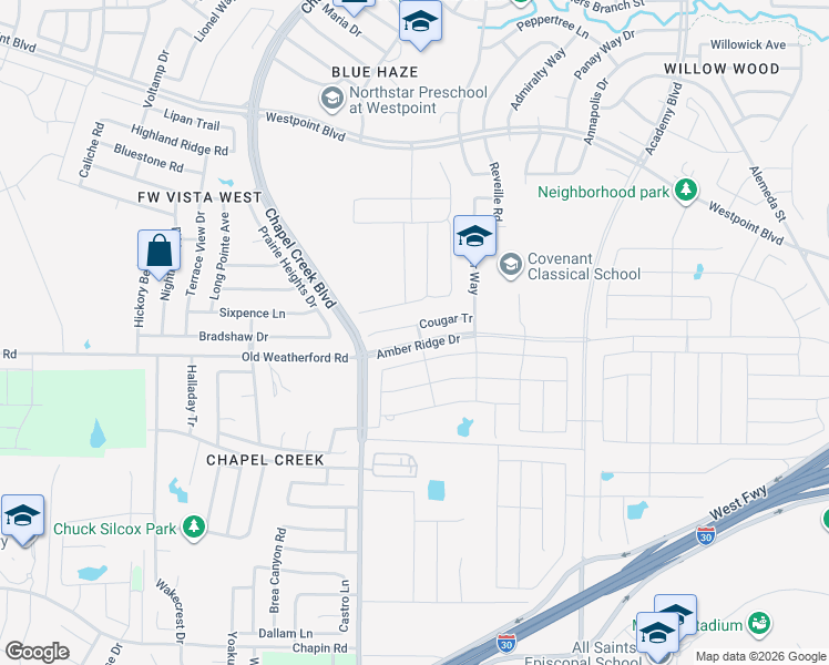 map of restaurants, bars, coffee shops, grocery stores, and more near 10101 Cougar Tr in Fort Worth