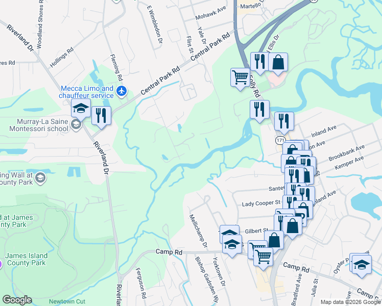 map of restaurants, bars, coffee shops, grocery stores, and more near 740 Up on the Hill Road in Charleston