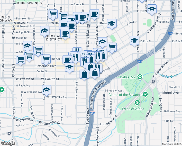 map of restaurants, bars, coffee shops, grocery stores, and more near 409 South Beckley Avenue in Dallas
