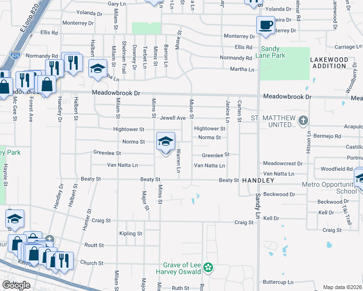 map of restaurants, bars, coffee shops, grocery stores, and more near 7132 Norma Street in Fort Worth