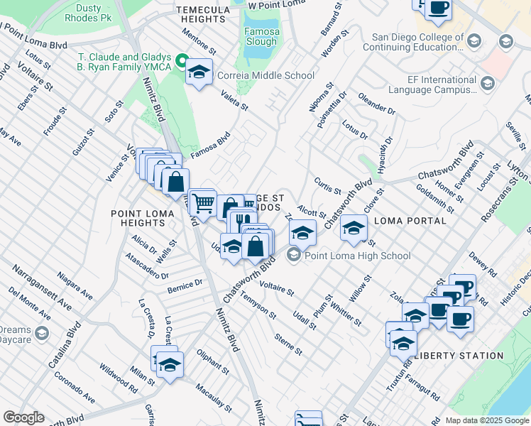 map of restaurants, bars, coffee shops, grocery stores, and more near 2337 Palermo Drive in San Diego