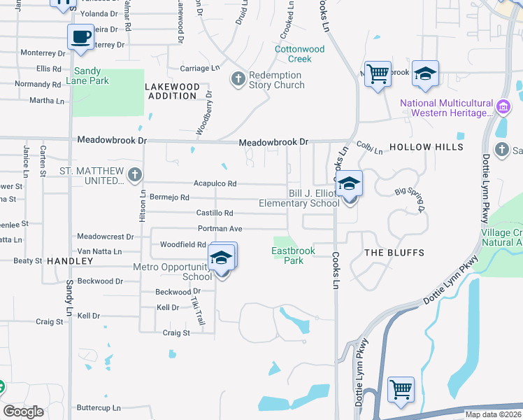map of restaurants, bars, coffee shops, grocery stores, and more near 7821 Castillo Road in Fort Worth