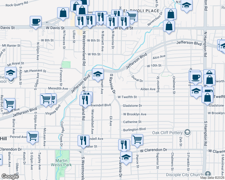 map of restaurants, bars, coffee shops, grocery stores, and more near 419s South Ravinia Drive in Dallas