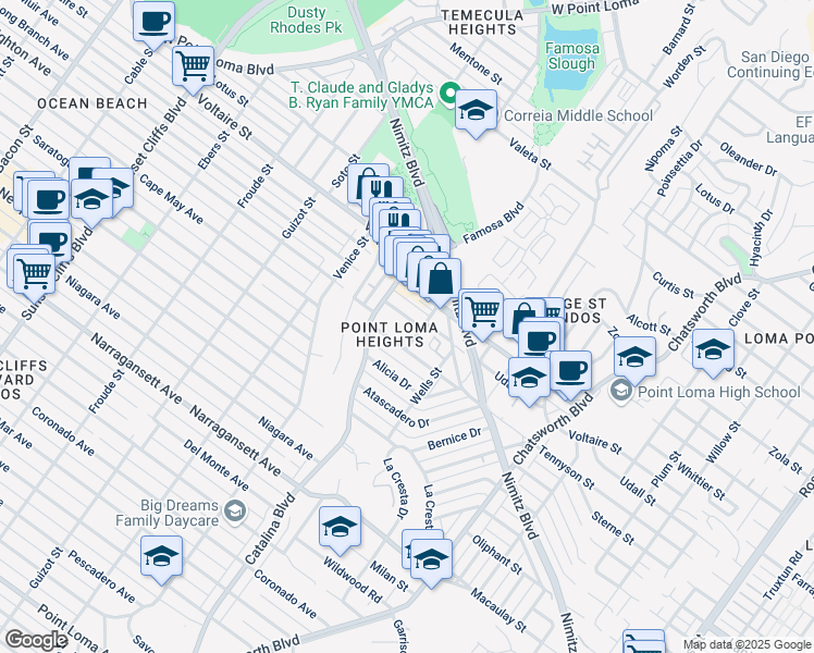 map of restaurants, bars, coffee shops, grocery stores, and more near 4121 Udall Street in San Diego