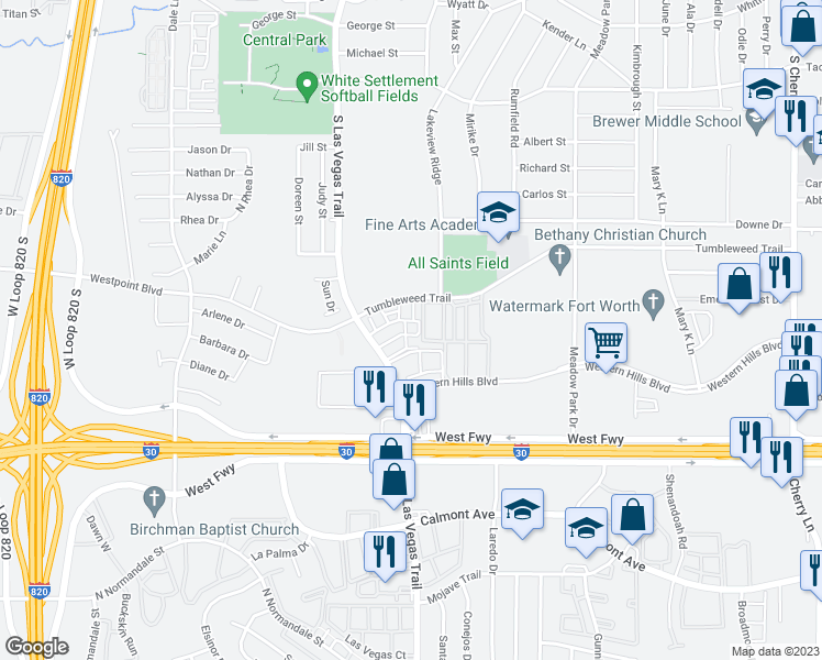 map of restaurants, bars, coffee shops, grocery stores, and more near 8514 Westlake Drive in White Settlement