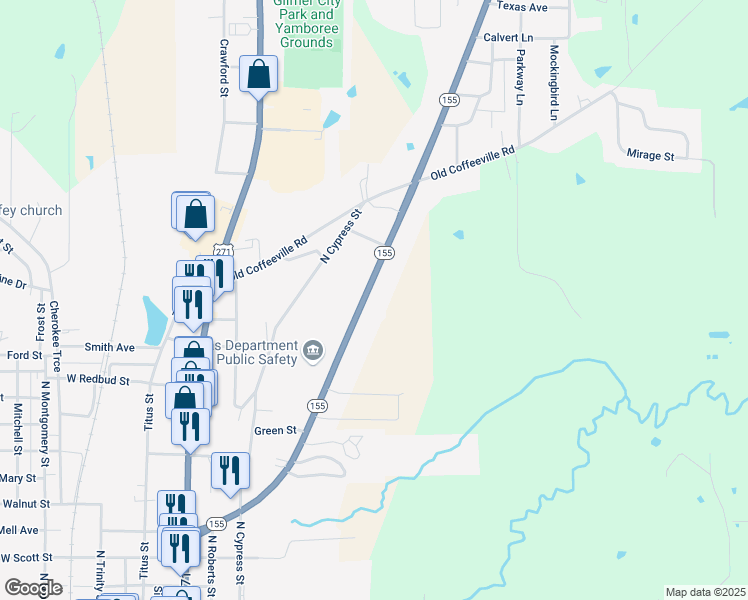 map of restaurants, bars, coffee shops, grocery stores, and more near 978 State Highway 155 in Gilmer