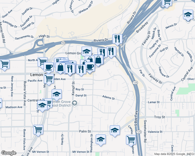 map of restaurants, bars, coffee shops, grocery stores, and more near 8214 Golden Ave in Lemon Grove