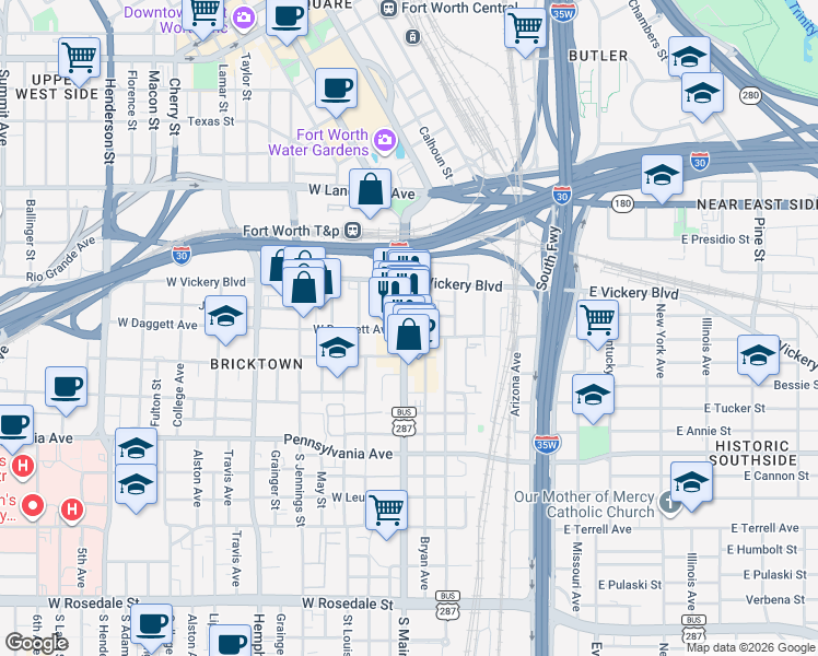 map of restaurants, bars, coffee shops, grocery stores, and more near 200 South Main Street in Fort Worth