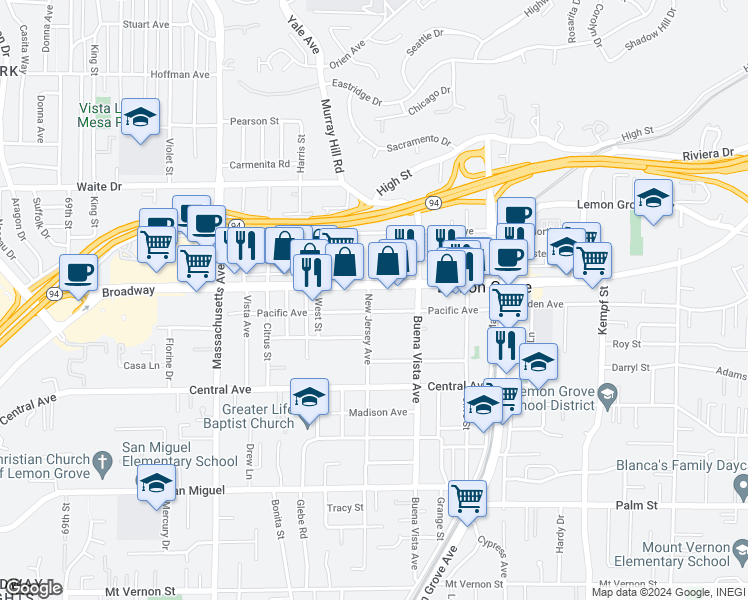 map of restaurants, bars, coffee shops, grocery stores, and more near 3345 New Jersey Avenue in Lemon Grove