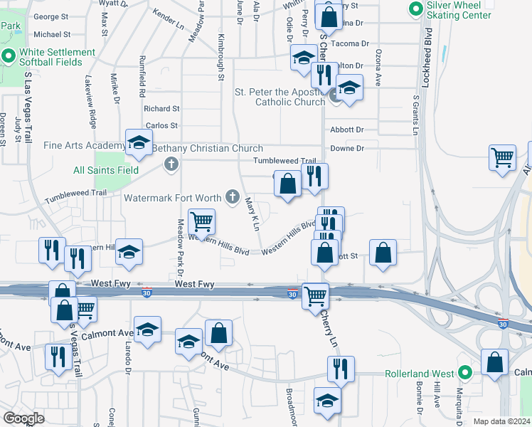 map of restaurants, bars, coffee shops, grocery stores, and more near 8031 Cambridge Circle in White Settlement