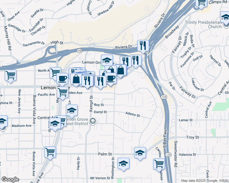 map of restaurants, bars, coffee shops, grocery stores, and more near 8192 Golden Avenue in Lemon Grove