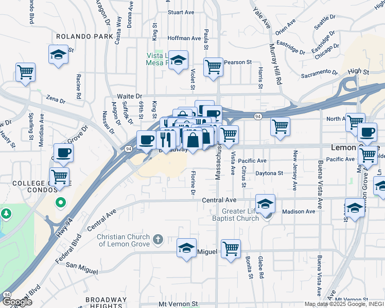 map of restaurants, bars, coffee shops, grocery stores, and more near 7107 Broadway in Lemon Grove