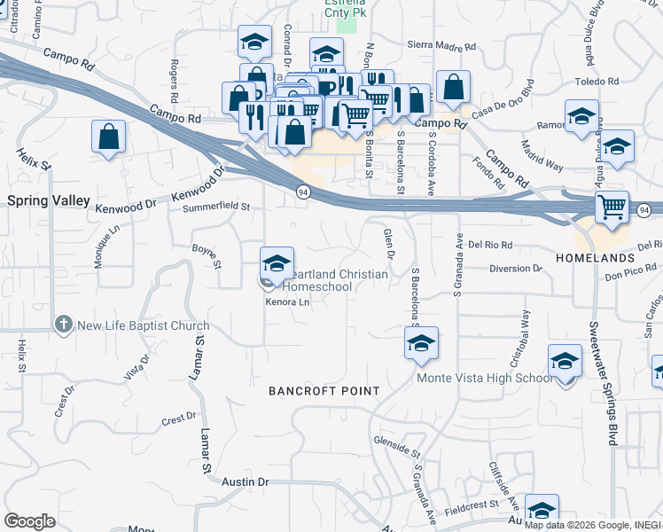 map of restaurants, bars, coffee shops, grocery stores, and more near 3254 South Bonita Street in Spring Valley