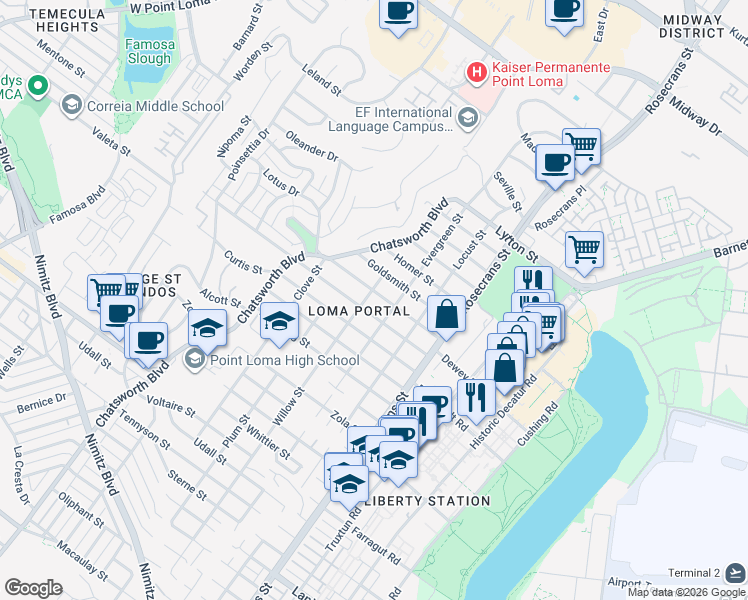 map of restaurants, bars, coffee shops, grocery stores, and more near 3304 Elliott Street in San Diego