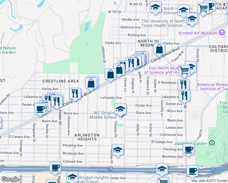 map of restaurants, bars, coffee shops, grocery stores, and more near 1808 Thomas Place in Fort Worth
