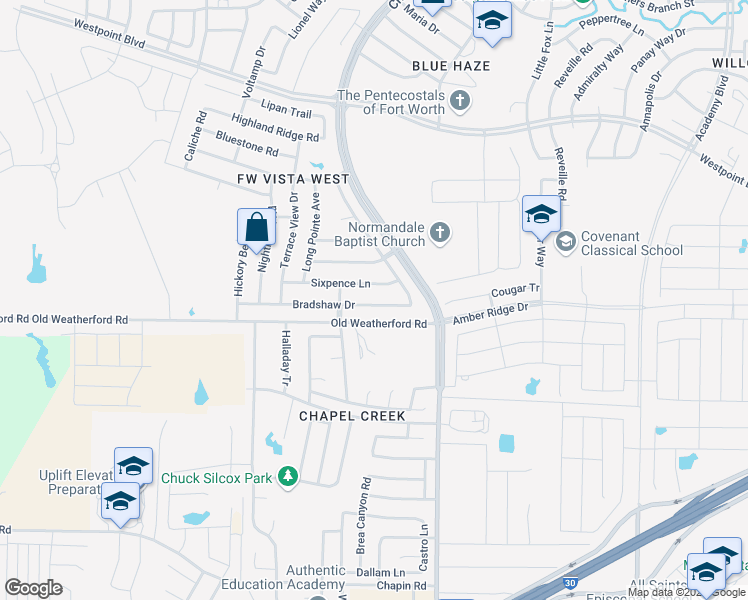 map of restaurants, bars, coffee shops, grocery stores, and more near 10336 Bradshaw Drive in Fort Worth