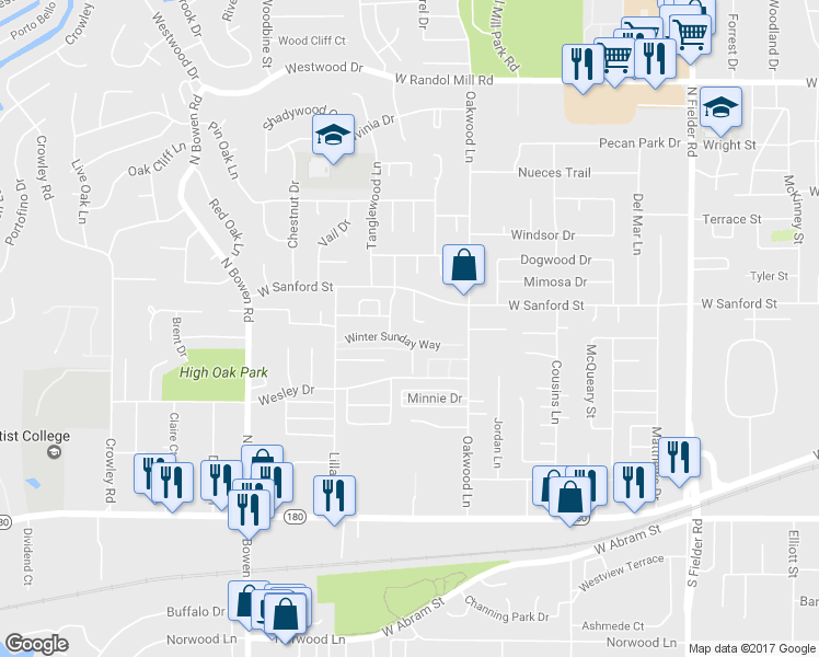 map of restaurants, bars, coffee shops, grocery stores, and more near 608 Raintree Court in Arlington