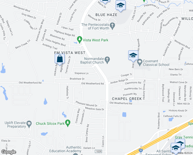 map of restaurants, bars, coffee shops, grocery stores, and more near 10312 Bradshaw Drive in Fort Worth