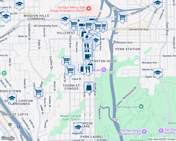 map of restaurants, bars, coffee shops, grocery stores, and more near 3534 Fifth Avenue in San Diego
