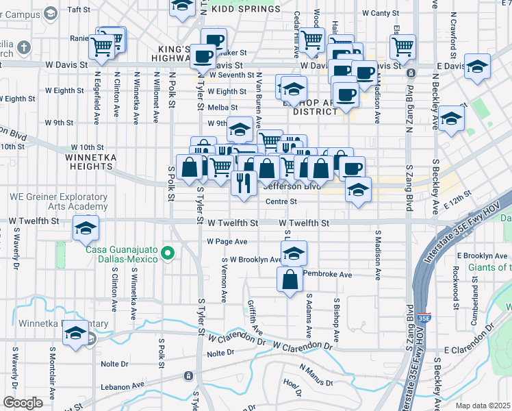 map of restaurants, bars, coffee shops, grocery stores, and more near 700 Centre Street in Dallas