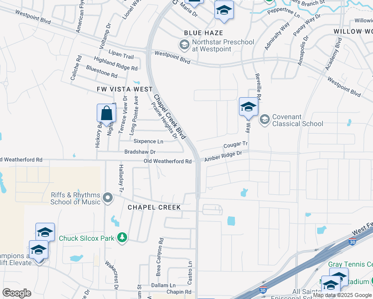 map of restaurants, bars, coffee shops, grocery stores, and more near 2021 Prairie Heights Drive in Fort Worth