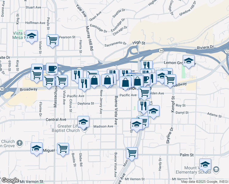 map of restaurants, bars, coffee shops, grocery stores, and more near 3342 Buena Vista Avenue in Lemon Grove
