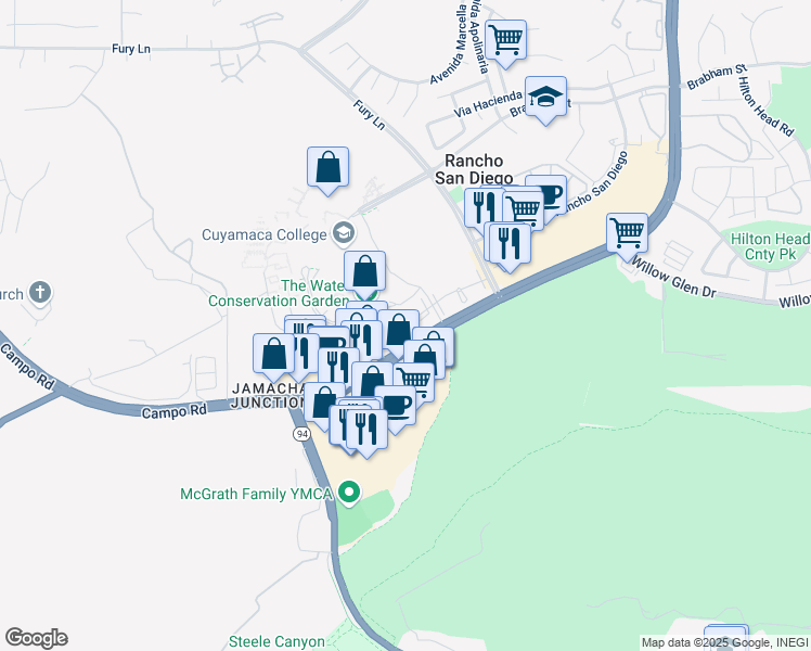 map of restaurants, bars, coffee shops, grocery stores, and more near 6127 Kerch St in El Cajon